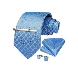 Men's Silk Tie + Pocket Square + Cufflinks + Tie Clip 4 Piece Set